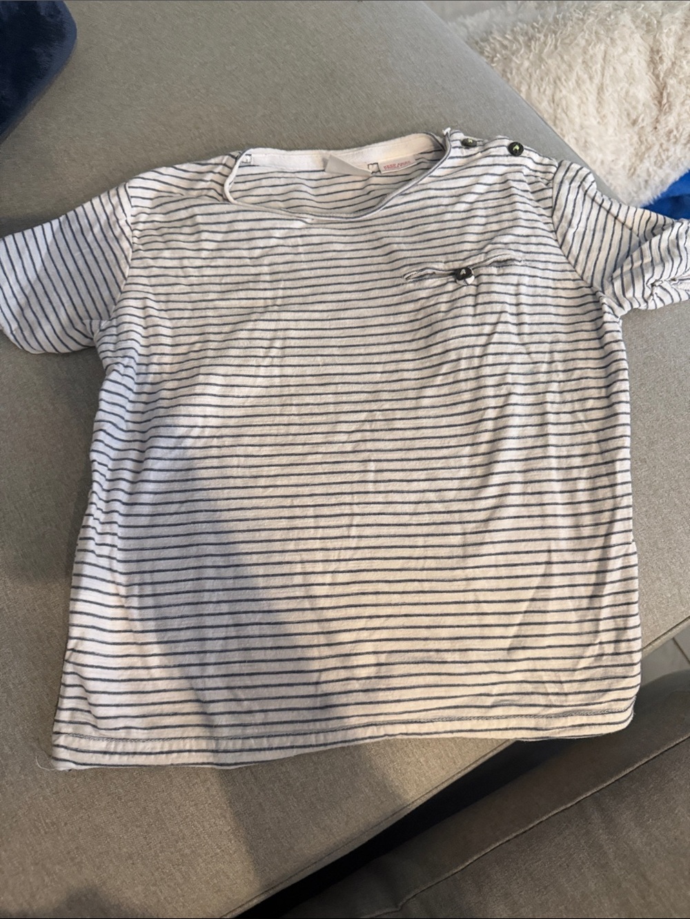 Zara White Tee with Thin Navy Stripes and Button Shoulder